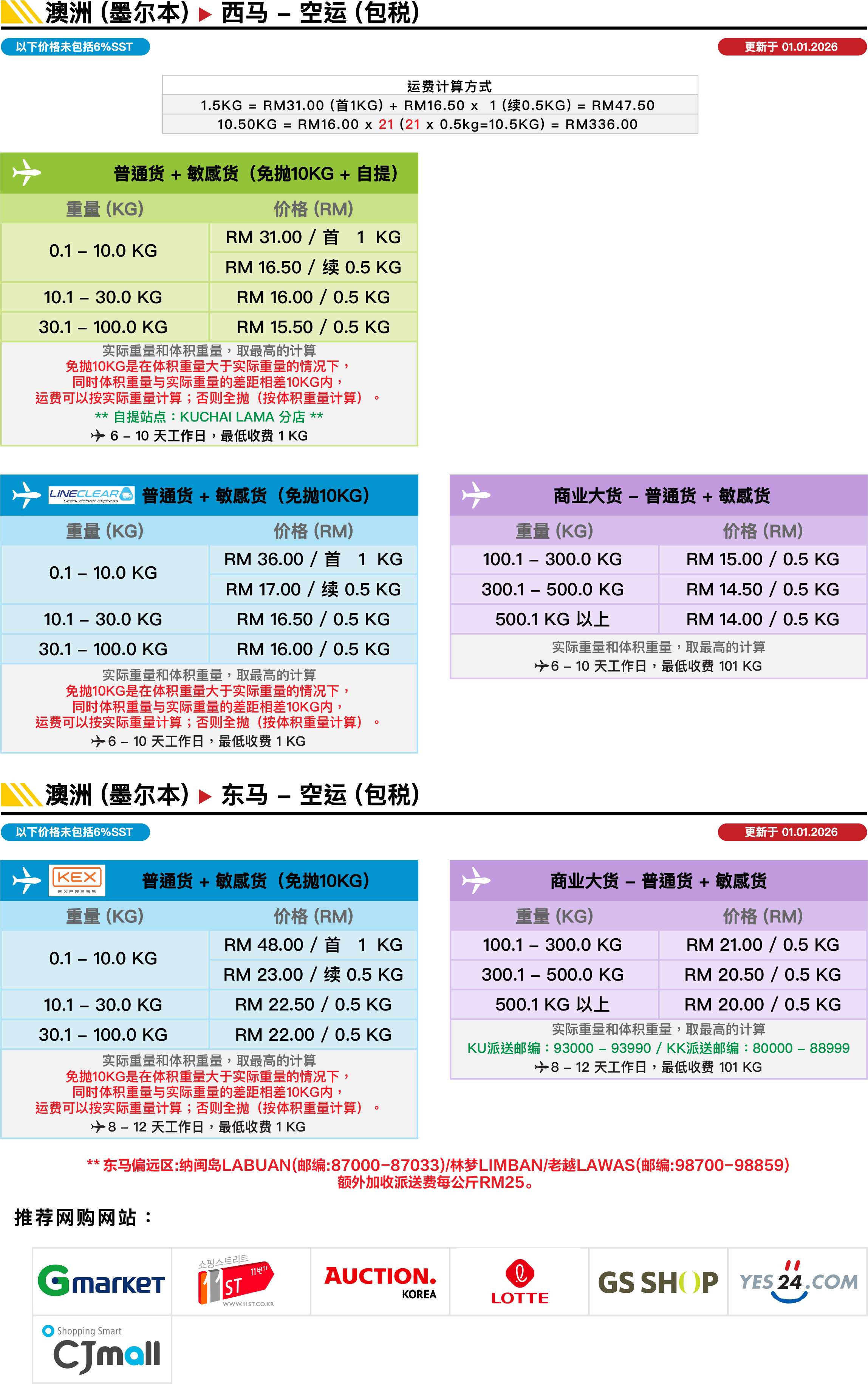 澳洲▻ 马来西亚(空运) 价格