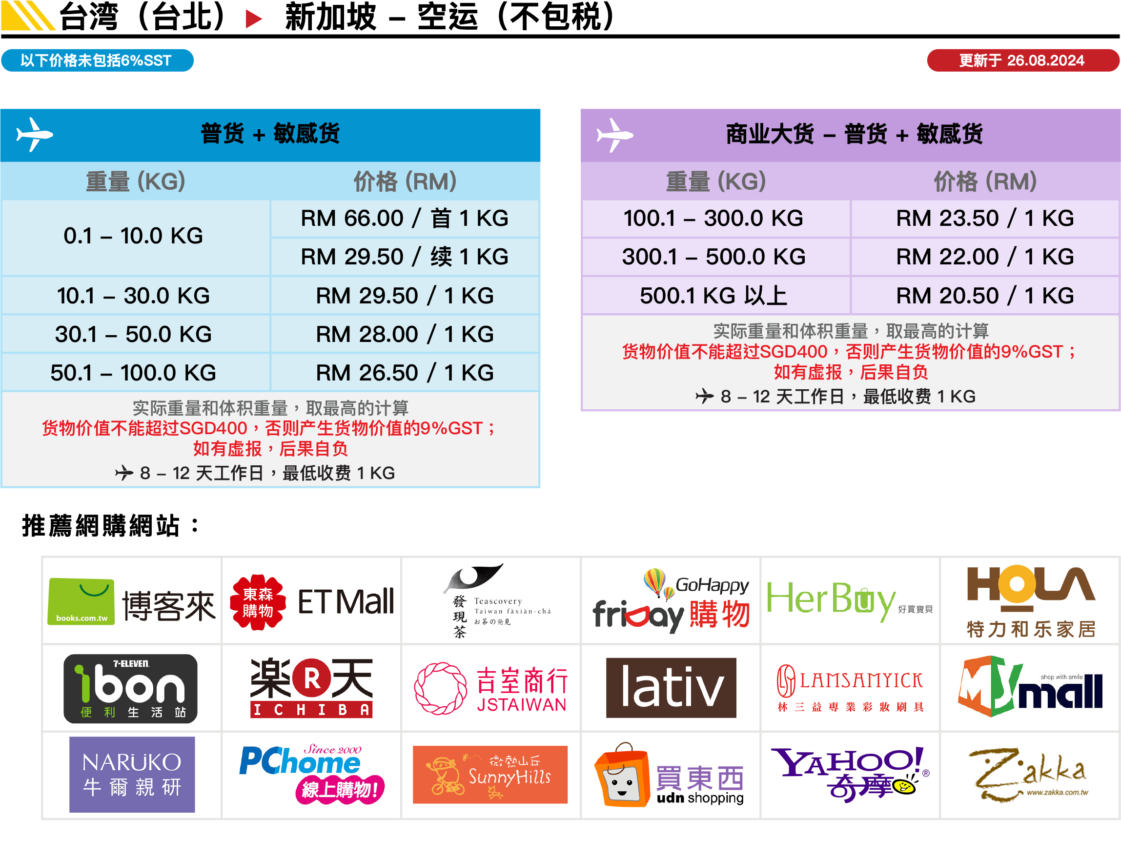 台湾▻ 新加坡(空运) 价格